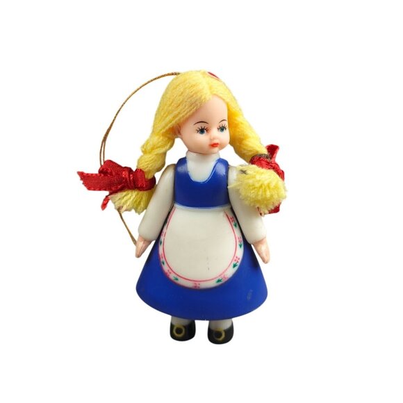Vintage Swiss Miss Girl Ornament 3 Inches With Blonde Braids & Red Bows - Picture 1 of 6